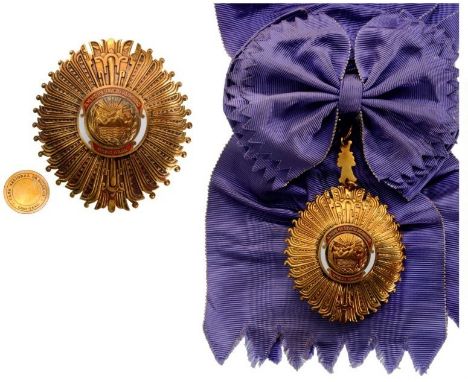 Grand Cross Set, 1st Class, instituted in 1950. Sash Badge, 63x55 mm, gilt Bronze, central medallion gilt bronze, enameled, o
