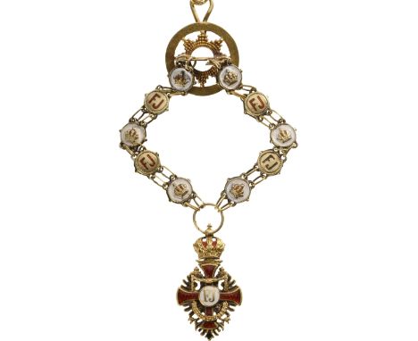 Knight`s Miniature Chain, 81x13 mm, GOLD, enameled, with large sized miniature of the Order`s cross in gold and enamels. Most