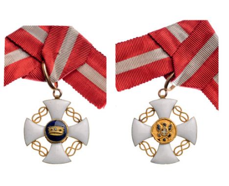 Knight`s Cross, Reduced Size. Breast Badge, GOLD, 30 mm, enameled, original suspension ring and bow ribbon. Rare and of high 