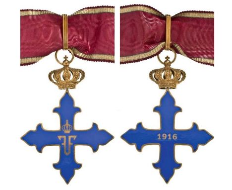 Commander Cross, 2nd Class, 1st Model in silver gilt, both sides blue enameled, obverse with Ferdinand Ist cipher, reverse wi