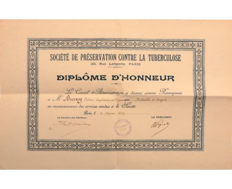 Diploma for a Silver Medal of Honor of the Society of Preservation against Tuberculosis awarded to a French Officer. 32x50 cm