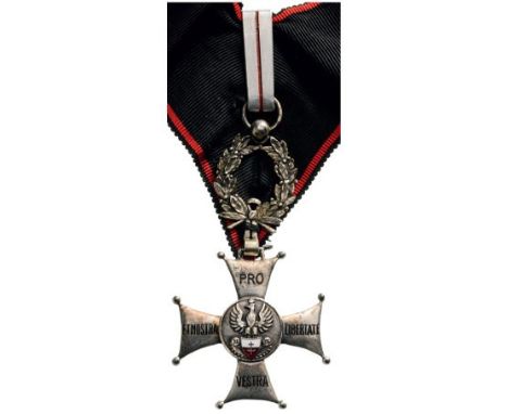 Commander`s Cross, 3rd Class. Neck Badge, 40 mm, silvered Bronze, enameled, with laurel crown suspension device and neck ribb