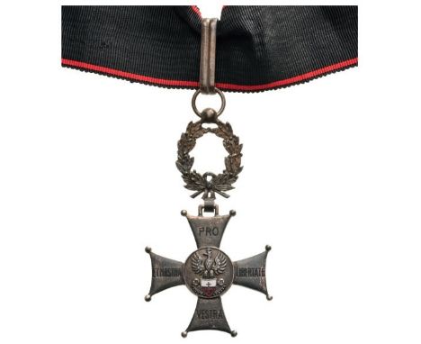 Commander's Cross, 3rd Class. Neck Badge, 40 mm, silvered Bronze, enameled, with laurel crown suspension device and neck ribb