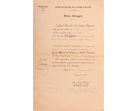 French Authorization of Wear for a Grand Officer`s Set of the Order awarded to a French Diplomat, 2nd Class, instituted in 18