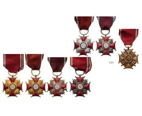 Cross of Merit, 2nd Type: Gold (2), Silver (4), Bronze. Breast Badges, 42 mm, different materials, six enameled (some cracks)