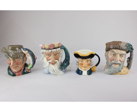 Three large Royal Doulton character jugs, Robinson Crusoe, Neptune, and The Poacher, together with a W R Midwinter Ltd Treasu