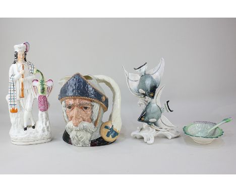 A Royal Doulton large character jug of Don Quixote, a Karl Ens porcelain model of two fish (a/f), a Carltonware thistle dish 
