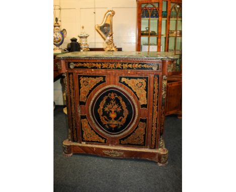 A Continental style gilt metal mounted mahogany pier cabinet with marble top above drawer and panel door with painted floral 