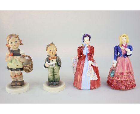 Two Goebels Hummel figures of a girl with basket and a boy singing, together with two Ricard Studios porcelain ladies, 14cm h