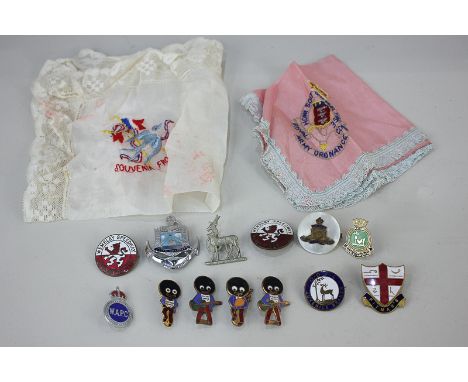 A collection of badges including military, Navy, four gollies playing instruments, etc, together with two embroidered handker