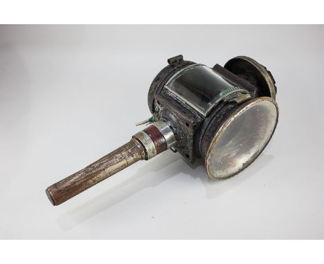 A 19th century coaching lamp, black painted metal form with bevelled glass side panel, marked Patent No 2070, converted for e