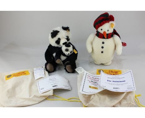 A Steiff mohair panda group 'Cha Cha', together with a Steiff snowman, both with certificates and bags, produced for Danbury 