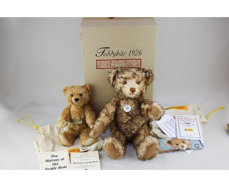 A Steiff 1926 replica teddy bear of 'Happy' with box, bag and associated paperwork, together with the Steiff Centenary bear w