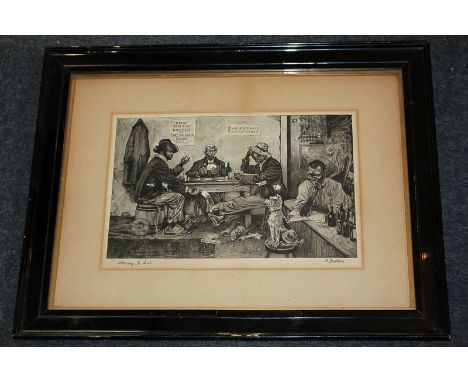 After S Matthews, a 20th century cartoon, bar scene with three figures playing cards, barman and dog in the foreground, black