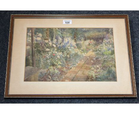Joseph Poole Addey (1852-1922), path running through a summer garden in full bloom, watercolour, signed and dated 1915, 25cm 