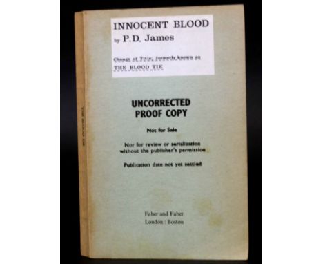 P D JAMES: INNOCENT BLOOD, London, Faber &amp; Faber, 1980, uncorrected proof, signed, original printed paper labels affixed 