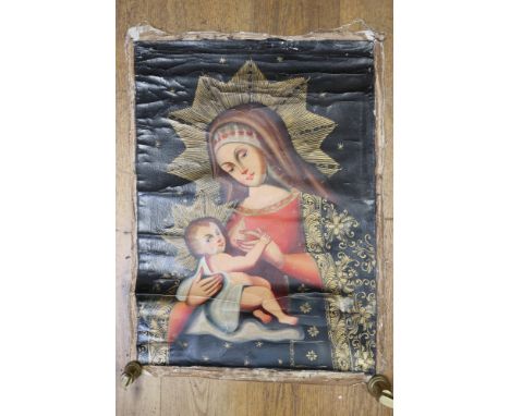 Four South American (Cuzco?) oils on canvas, a Madonna and child, two Archangels and Madonna, largest 32" x 23", unstretched 