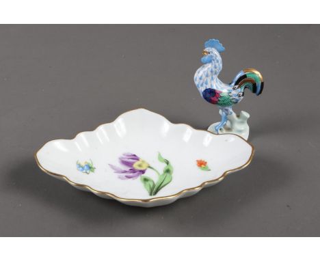 A Herend cockerel, 3" high, and a Herend floral decorated dish, 5" wide