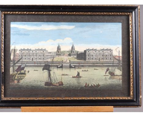 An early 18th century hand-coloured engraving, view of Greenwich, in ebonised and gilt frame,&nbsp;three colour prints, views