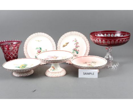 A Copeland part dessert service, a ruby cut glass vase, 6" high and a similar ruby glass tazza