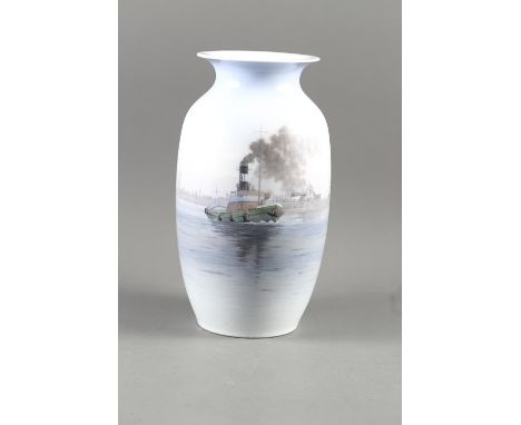 A Royal Copenhagen vase with steam tug decoration, 2787/2983, 12 1/2" high