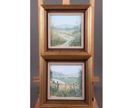 Peter Jay: a pair of oil on boards, "View Below Winchester", and "The Marsh Near Wells, 5 1/2" sq, in gilt frames and K Dougl