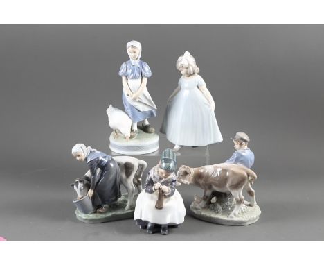 Five Royal Copenhagen figures, two children with calves 779 and 792, girl with goose 527, girl with dress 2444, and girl sewi