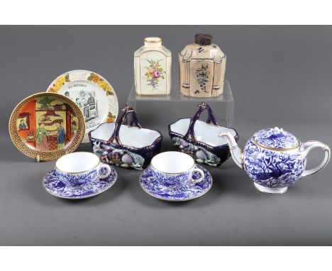 A Royal Crown Derby part teaset for two (damages), an 18th century Staffordshire tea caddy, another similar and other items