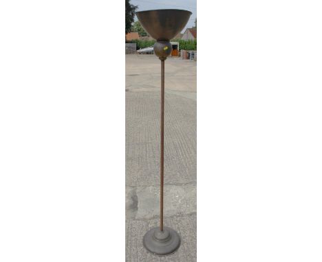A 1930s anodised uplighter, on circular base, 67" high,&nbsp;a pair of brass table lamps, a similar taller table lamp, 14" hi