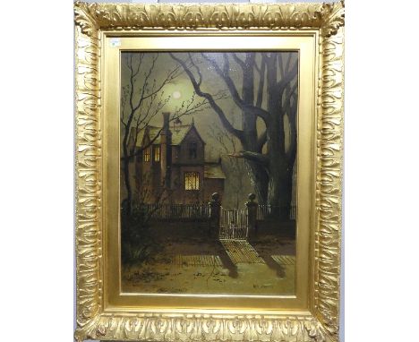 Wilfred Bosworth Jenkins (British, 1857-1936), Moonlit house with garden gate and trees, oil on canvas, signed and dated '85,