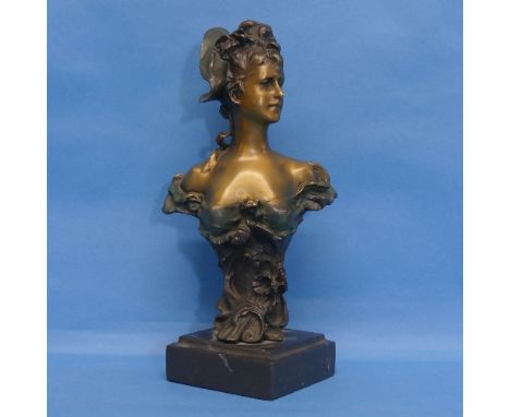 After Alfred Jean Foretay (Swiss, 1861-1944), patinated bronze bust of a woman, signed "A. Fortay", on square marbled base, o