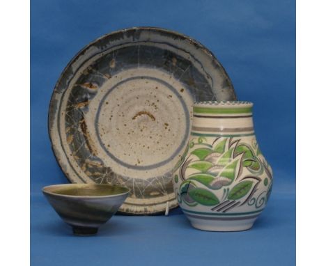 A Poole Pottery Vase, decorated in green PA pattern, together with a Marianne de Trey footed bowl and a large studio pottery 