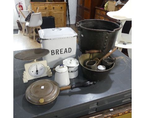 Antique and vintage Kitchenalia, including a large copper and iron cauldron, Diameter 43cm x H 43cm, a brass preserving pan, 
