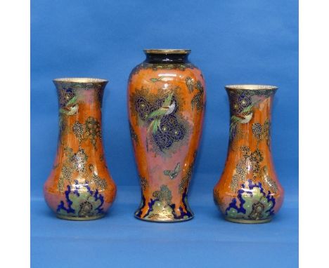 A near pair of Carltonware Vases, with orange ground, decorated in exotic birds and butterfly, together with corresponding ba