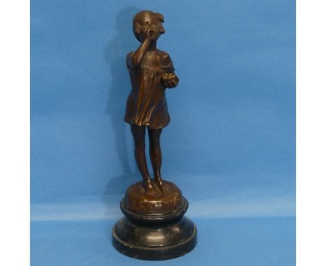 After Suzanne Bizard (French, 1873-1963), Girl blowing Bubbles, patinated bronze figure, impressed signature, on black marble