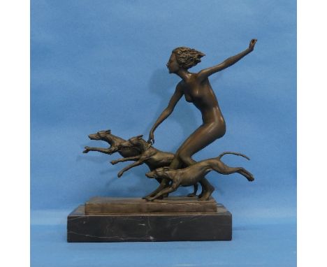 After Josef Lorenzl (Austrian, 1892-1950), Art Deco style bronze group of Diana with three hounds, impressed signature "Loren