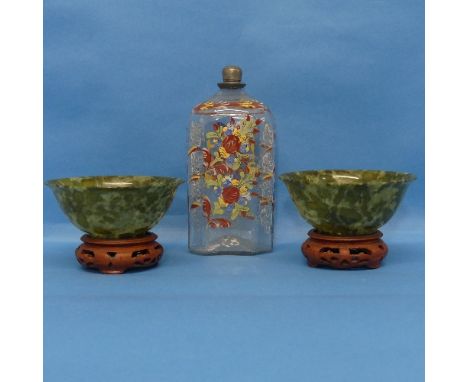 A pair of vintage spinach Jade Bowls, with corresponding stands, Diameter 12.5cm, together with an Oriental painted Glass Bot