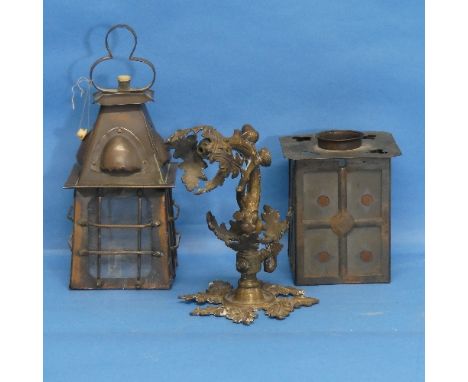 An Arts and Crafts copper and glass pendant lampshade, together another similar, lacking hanging fitment, and an early 20thC 