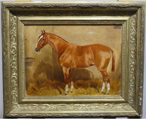 Early 20th century School, 'Chorus Girl', equestrian portrait, oil on board, signed "JB" monogram and dated '04, 24cm x 30cm,