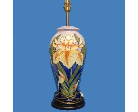 A Moorcroft 'Windrush Iris' pattern Table Lamp, with tube-lined decoration on fitted plinth, H 45cm, without shade, together 