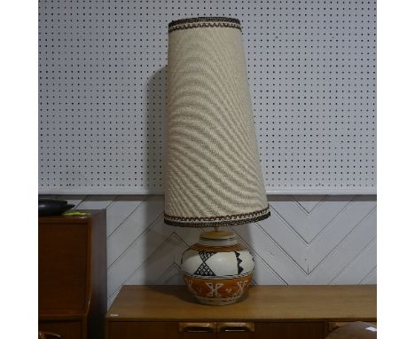 A large retro Lamp base and Shade, decorated in orange banding, with large German-style Shade, H 99cm (with shade) 