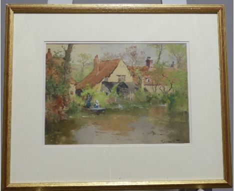 Reginald Jones&nbsp;(1857-1920), Punting by houses in a river landscape, watercolour, signed, 23cm x 33cm, framed, together w