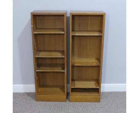 Pair of mid-20thC light oak upright open Bookcases, with adjustable shelves, each W 46cm x H 111cm x D 23cm (2) 