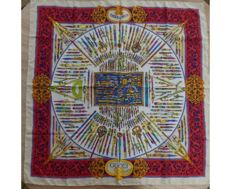 A late 20thC Gucci silk Scarf 'Storia Della Matita', still with Gucci care label, hand-hemmed, a very light make-up mark, 87c