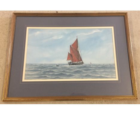 Watercolour by Anthony Osler. Watercolour seascape by Anthony Osler of a sailing barge.  Measures 53cm x 32cm. Framed and gla