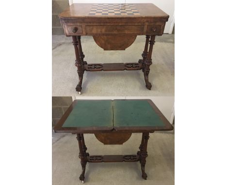 A 19th century inlaid walnut games/cards table with wooden chess set included.  Measures 76cm long x 44cm wide (88cm when ope