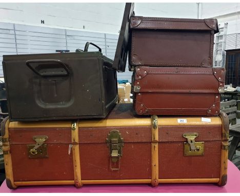 Canvas and wood-bound school trunk and two vintage leather suitcases (3) 