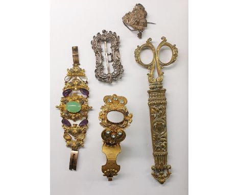 19th century, possibly bird's eye maple, box and contents of assorted costume jewellery including bangle, cow's horn, hinged 