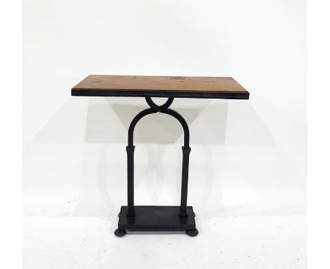 Cast metal and leather-topped occasional table, rectangular, on round arch support, rectangular base and bun feet, 76cm wide