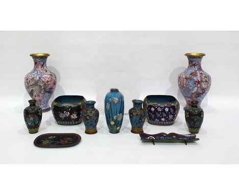 Japanese cloisonne enamel vase&nbsp;decorated irises on a blue ground (damaged) and&nbsp;a large quantity of cloisonne vases,